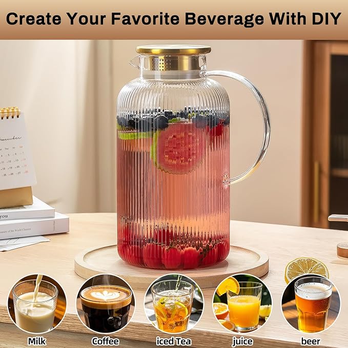 Glass Pitcher with Lid, 100 oz/ 3 Liter Classic Vertical Stripes Water Pitcher,Glass Water Carafe for Cold Brew, Coffee, Lemonade, Iced Sun Tea,Beverage, Milk, Heat Resistant