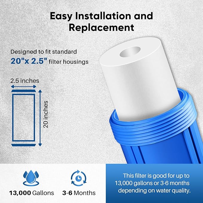 PUREPLUS 5 Micron 20" x 2.5" Whole House Sediment Home Water Filter, 20-inch Sediment Pre-Filtration, Replacement Cartridge Aqua Pure AP110-2C, Pentek P1-20/SP-P1-20/PX01-20, Watts FPMB5-20, 4Pack