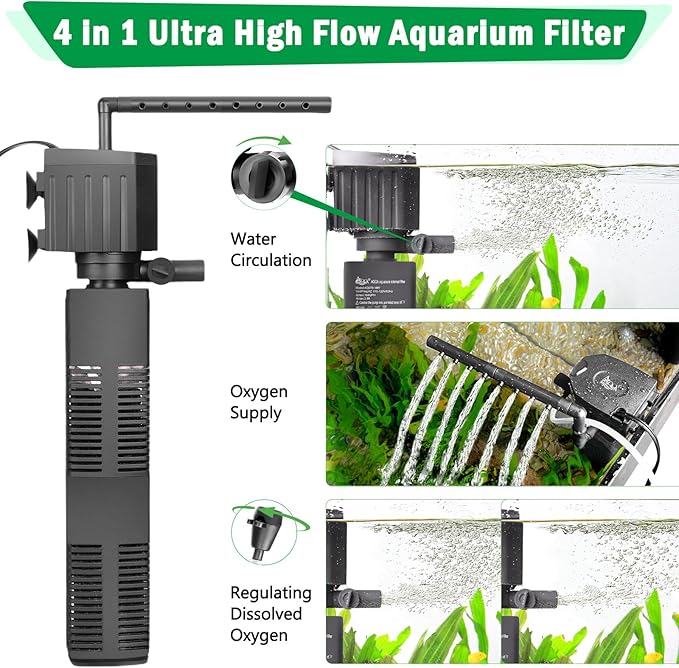 AQQA Aquarium Filter, 3-Stage Filtration, Adjustable Wave Maker & Oxygenator, Quiet 18W 164GPH Submersible Pump, Easy Clean Sponge Filter, for 50 Gallon Freshwater Saltwater Fish Tank 110V/60Hz
