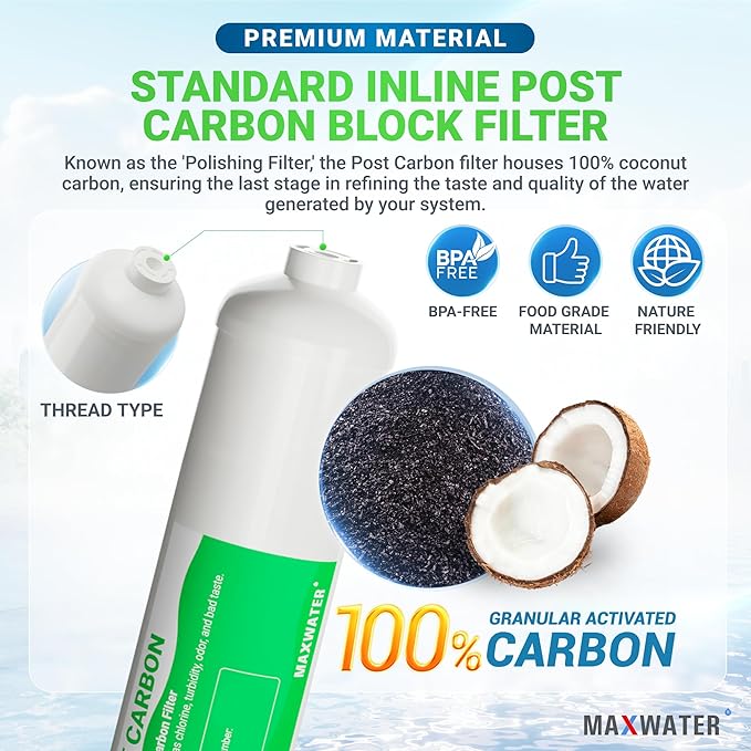 Max Water T33 Inline Water Filter – 10-Inch, 5 Micron Post Carbon Water Filter Replacement Cartridge – Fits Under Sink and Reverse Fits most Reverse Osmosis Systems (2 pack)