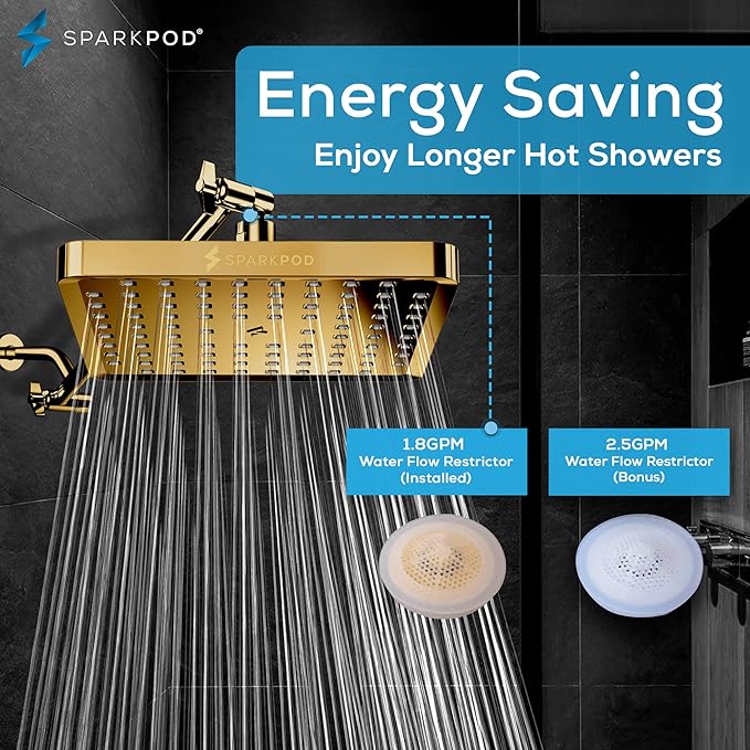 SparkPod Shower Head - High Pressure Rain - Premium Quality Luxury Design - 1-Min Install - Easy Clean Adjustable Replacement for Your Bathroom Shower Heads (Egyptian Gold, 8 Inch Square)