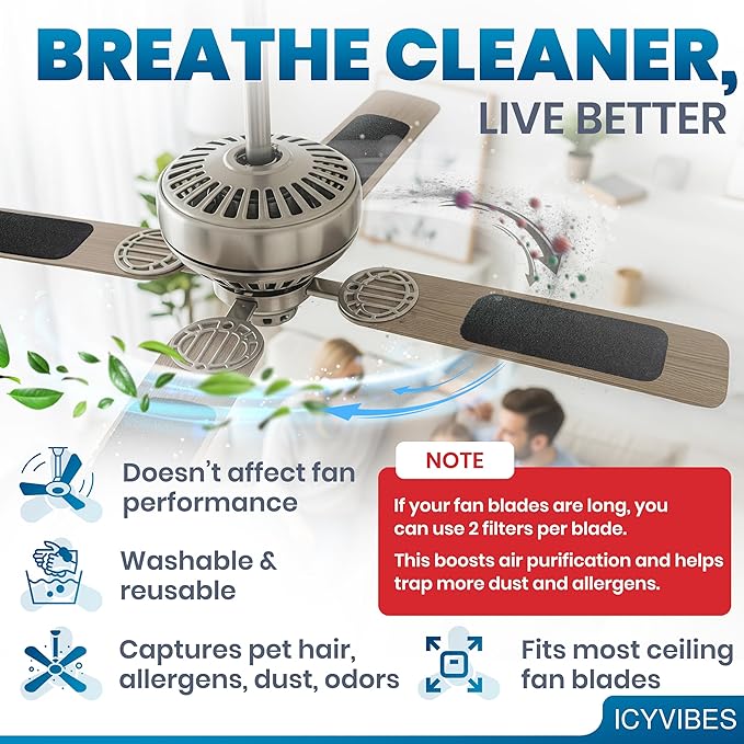 Premium Ceiling Fan Filters for Blades – 10 Pcs Activated Carbon Air Purifier Pads – Unscented Washable, Reusable, Coconut Shell Charcoal Dust Catcher Covers for Home Lighting, Colorfill Fan Extractor