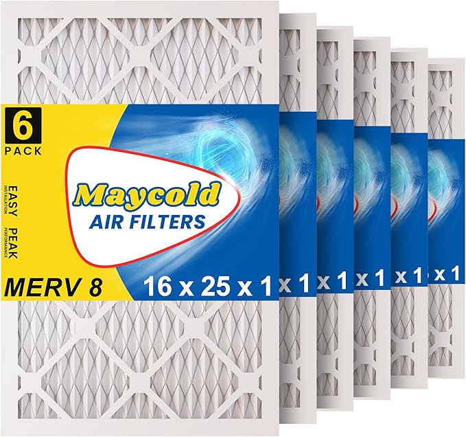 Maycold MERV 8 16x25x1 (15.70” x 24.70” x 0.75”) Furnace Air Filters (6-Pack), Pleated HVAC AC Filters, For Residential or Office Use, Individually Wrapped in Plastic