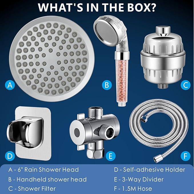 Voolan Filtered Shower Head Set, High Pressure Rain Shower with Handheld Showerhead Combo, Self-adhesive Holder/59" Hose, 20 Stage Filter Removes Chlorine and Harmful Substances (Round, Chrome)