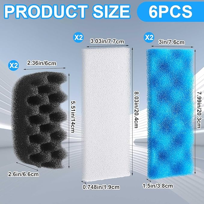 6 Pcs Aquarium Filters Bio Sponge Sets Compatible with Fluval 206/207, Including 2 Blue 2 White 2 Black Bio Sponge for Replacement Filter Media Kit