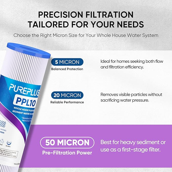 PUREPLUS 50 Micron Whole House Pleated Sediment Filter for Well Water, Replacement Cartridge for Universal 10 inch RO System, W50PE, WFPFC3002, SPC-25-1050, FM-50-975, 801-50, WB-50W, 6Pack