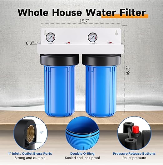PUREPLUS 2-Stage Whole House Water Filtration System, 10"x4.5" Universal Home Filtration, with Sediment, Carbon Block Filter, Reduce Chlorine, Taste, Odor, Includes Pressure Gauges, 1" Inlet/Outlet