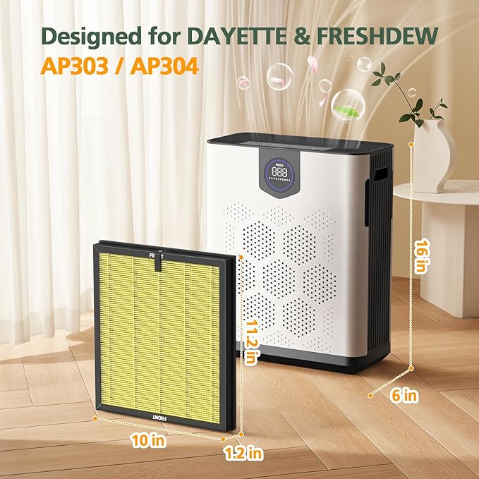 AP303 AP304 Replacement Filters, Compatible with DAYETTE AP303/304 Air Purifier, and for FRESHDEW AP303 / AP304 Purifier, HEPA Filter with 3 Stage Filtration, 2 Pack (Pet Filter)