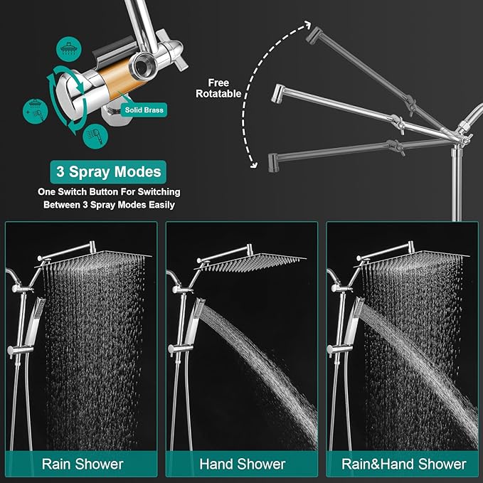 All Metal 10 Inch Rain Shower Head with Handheld Spray Combo, High Pressure Waterfall Rainfall Square Shower Heads with 16" Adjustable Extension Arm, Dual Showerhead with 3-Way Diverter, Chrome