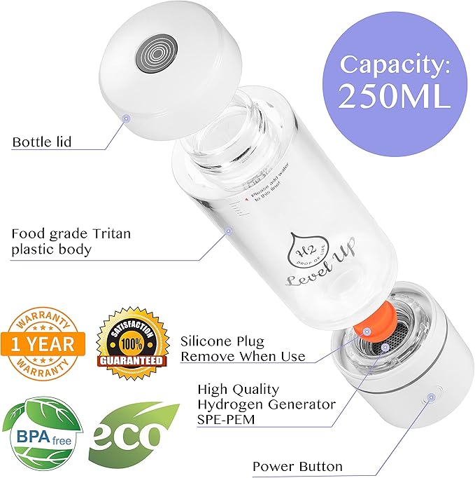 LevelUpWay 2025 Hydrogen Water Bottle Generator with SPE PEM Technology– Up to 4000 PPB – Dual Chamber – 250ml – (White) – Enhanced Hydration Solution