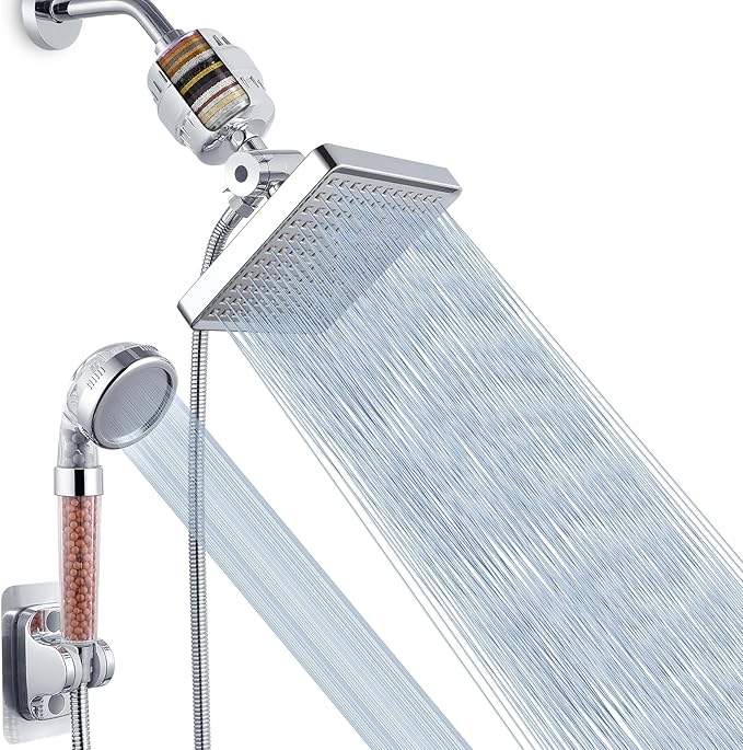 Voolan Filtered Shower Head Set, High Pressure Rain Shower with Handheld Showerhead Combo, Self-adhesive Holder/59" Hose, 20 Stage Filter Removes Chlorine and Harmful Substances (Square,Chrome)