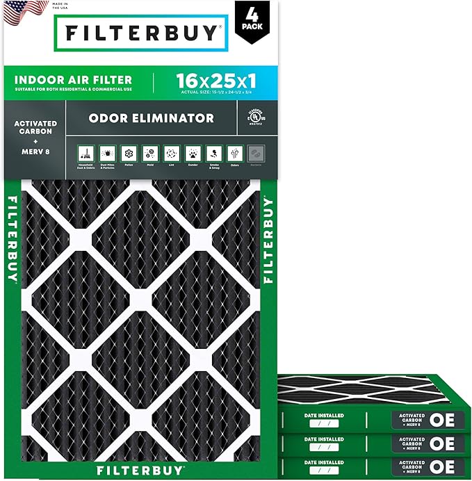 Filterbuy 16x25x1 Air Filter MERV 8 (MPR 700) Odor Eliminator Replacement (4-Pack), Electrostatic Pleated HVAC AC Furnace Filters w/Activated Carbon, Made in USA (Actual Size: 15.50 x 24.50 x 0.75)
