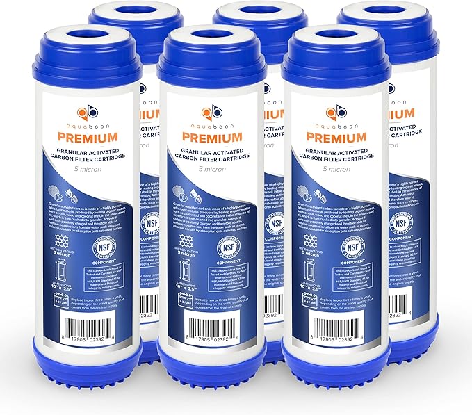 Aquaboon 5 Micron 10 x 2.5 Premium Granular Activated Carbon Water Filter Cartridge Replacement - GAC Filter Compatible with AP117, GAC-10, 6 Pack
