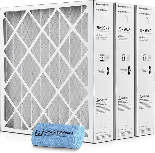Honeywell 20x20x4 Air Filter Replacement MERV 11, FC100A1011 Pleated HVAC AC Furnace Filters with Wholesalehome Cleaning Cloth, 3-Pack (Actual Size: 19.94 x 19.75 x 4.38 Inches)