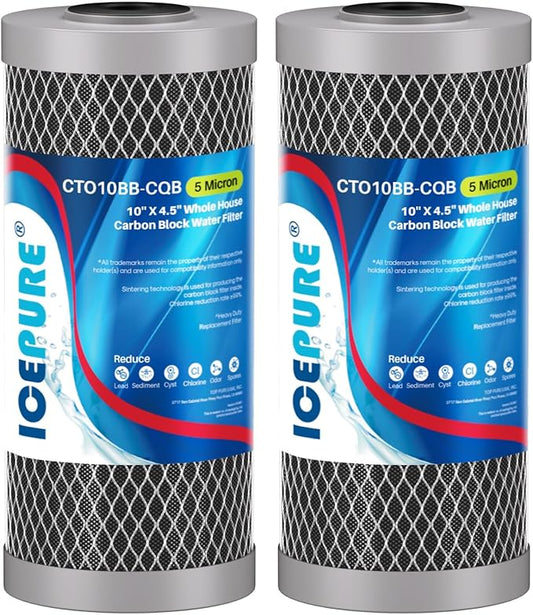 ICEPURE 5 Micron 4.5" x 10" CTO10BB-CQB Whole House Water Filter Upgraded Coconut Shell Activated Carbon Lead Removal Water Filter Replacement for Home, 2PACK