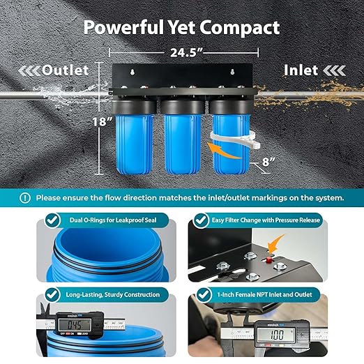 iSpring Whole House Water Filter System, Reduces Iron, Manganese, Chlorine, Sediment, Taste, and Odor, 3-Stage Iron Filter Whole House, Model: WGB31BM, 10” x 4.5” Filters, 1” Inlet/Outlet