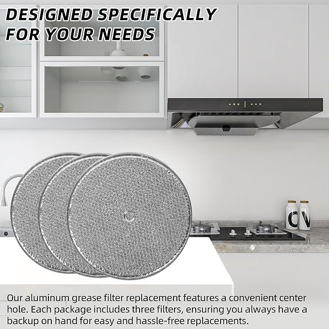 (3-Pack) Calvana 9-1/2" Round x 3/32" Aluminum Grease Filters with Center Hole, Range Hood Filter, Kitchen Exhaust Fan Filters Replacement