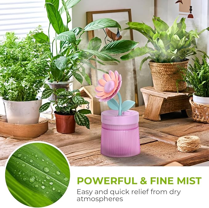Cute Flower Mini Humidifier, 260ml Sunflower Desktop Humidifiers for Bedroom, Portable Small Cool Mist Humidification for Home, Baby Nursery, Office & Indoor Plants, USB Powered (Purple)
