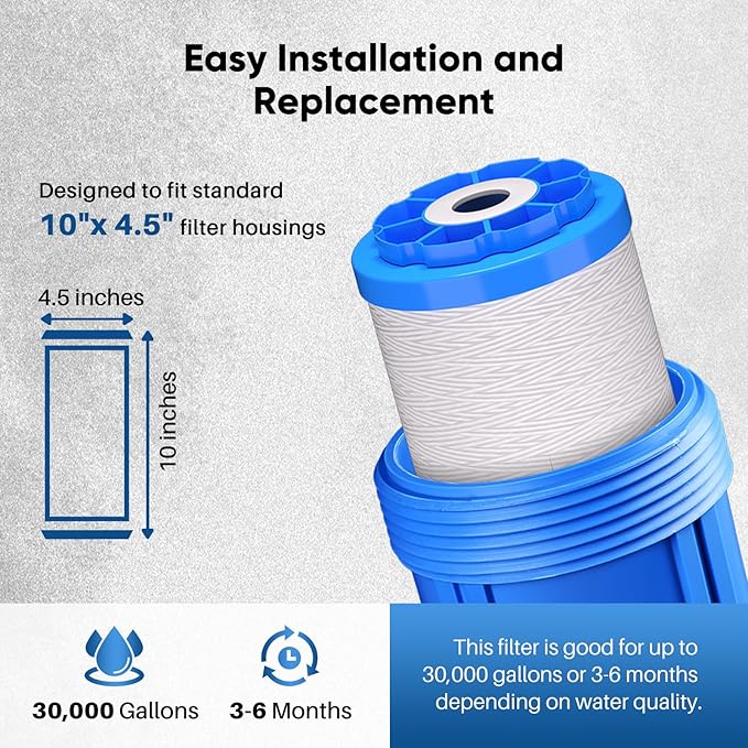 PUREPLUS 10"×4.5" String Wound Sediment Filter Compound With Iron Reducing Filter, Compatible With Whole House Water Filtration System For Well Water, 1Pack