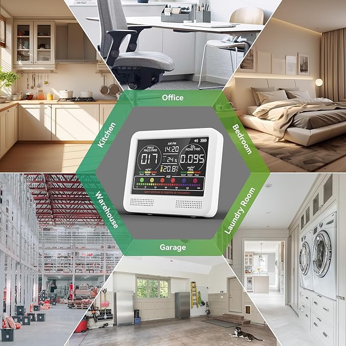 16-in-1 Air Quality Monitor Indoor with 7AQI Beep Alarm, CO2 Monitor, Air Quality Detector with PM1.0 | PM2.5 | PM10 | Temp | HUM | Formaldehyde | VOC Tester for Home Office Plant (Pearly White)