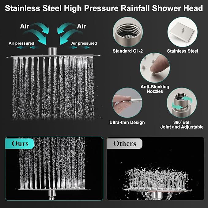 All Metal 10 Inch Rain Shower Head with Handheld Spray Combo, High Pressure Waterfall Rainfall Square Shower Heads with 16" Adjustable Extension Arm, Dual Showerhead with 3-Way Diverter,Brushed Nickel