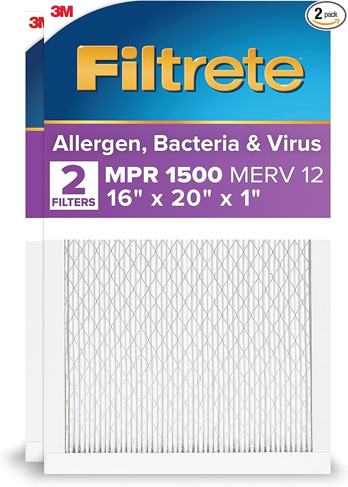 Filtrete 16x20x1 AC Furnace Air Filter, MERV 12, MPR 1500, CERTIFIED asthma & allergy friendly, 3 Month Pleated 1-Inch Electrostatic Air Cleaning Filter, 2-Pack (Actual Size 15.69x19.81x0.78 in)