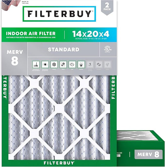 Filterbuy 14x20x4 Air Filter MERV 8 (MPR 700) Dust Defense Replacement (2-Pack), Electrostatic Pleated HVAC AC Furnace Filters, Made in USA (Actual Size: 13.50 x 19.50 x 3.63)