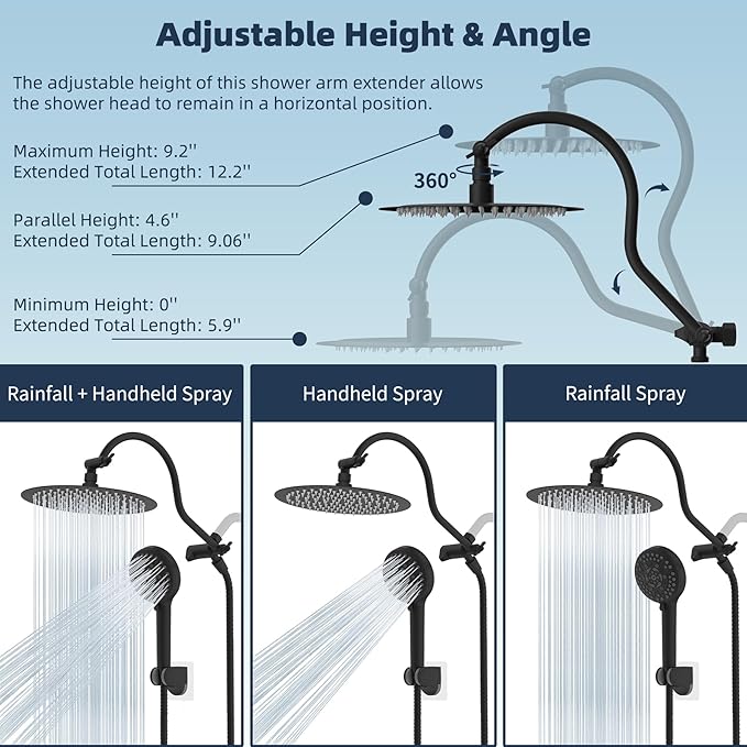 Hibbent All Metal Shower Head, 10'' High Pressure Rainfall Shower Head, Handheld Showerhead Combo, 12'' Adjustable Curved Extension Arm, 10 Sprays, 71'' Shower Hose, Showerhead Holder, Matte Black