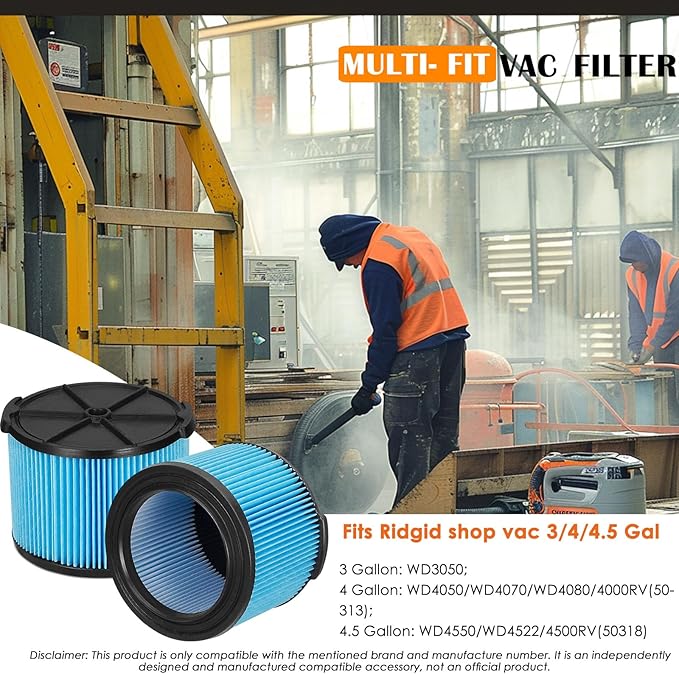 VF3500 Filter Replacement for Ridgid 4 Gallon Shop Vaccum, 26643 Fine Dust Filter for 3/4/4.5 Gallon Wet Dry Portable Vacuums, Replaces WD40700, WD30500-2 Pack