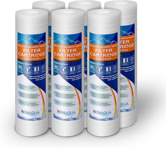 Grooved Sediment Water Filter Cartridge by Ronaqua 10"x 2.5", Four Layers of Filtration, Removes Sand, Dirt, Silt, Rust, made from Polypropylene (6 Pack, 1 Micron)