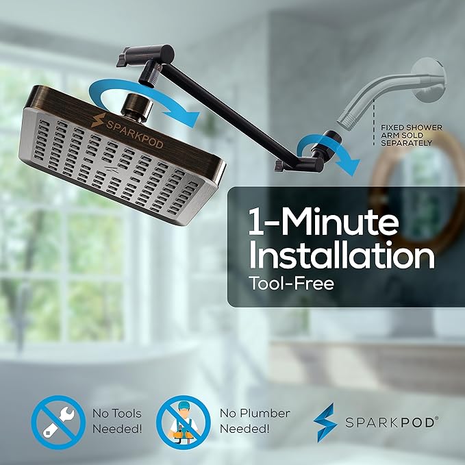 SparkPod Square Rain Shower Head with Extension Arm - Height Adjustable Shower Head with High Pressure Performance - Easy 1-Minute Installation (11" Arm Extension, Vintage Oil-Rubbed Bronze)