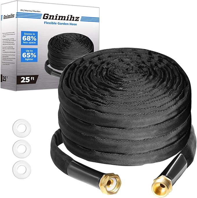 Garden Hose 25ft, Made of TPE(Not PVC), Ultra-Light & Flexible Water Hose with Solid Brass Fittings, Non-Shrinking, Easy to Storage, Drinking Water Safe Material, All-weather, Black, Newbox