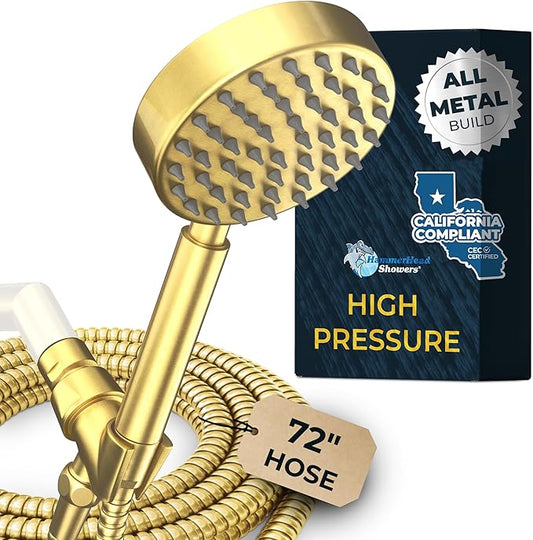 HammerHead Showers® Solid Metal LOW FLOW Handheld Shower Head with Hose and Brass Holder - BRUSHED GOLD – Water Saving 1.75 GPM Detachable Shower Head - Adjustable Shower Wand Bracket & 6ft Hose