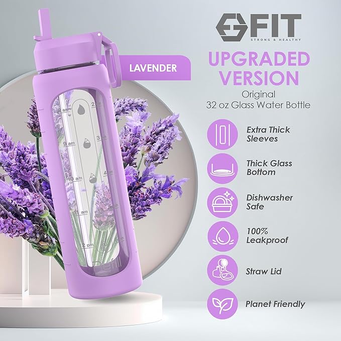 FIT Strong & Healthy 32 oz Glass Water Bottle with Straw Lid, Time Marker, Sleeve & Extra Lid - Motivational, Wide Mouth 1 Liter Glass Drinking Bottle