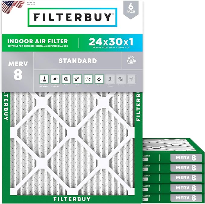 Filterbuy 24x30x1 Air Filter MERV 8 (MPR 700) Dust Defense Replacement (6-Pack), Electrostatic Pleated HVAC AC Furnace Filters, Made in USA (Actual Size: 23.88 x 29.88 x 0.75)