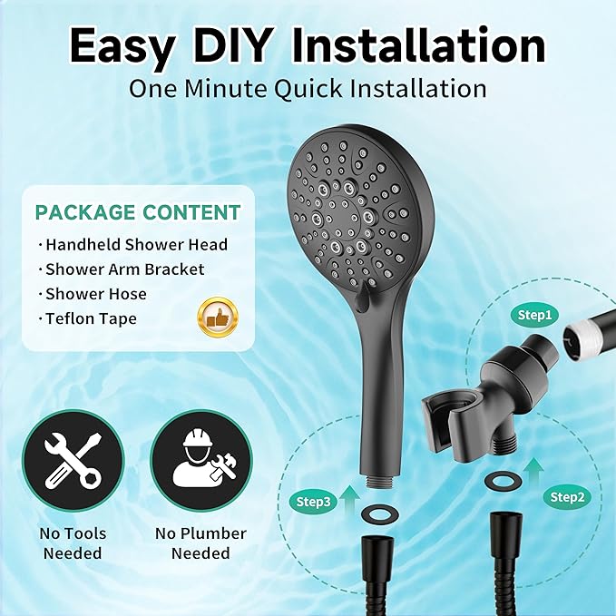 BRIGHT SHOWERS High Pressure Shower Head with Handheld, 9 Spray Settings Showerhead Built in Power Wash to Clean Tub and Pets, Extra Long 69" Hose, Adjustable Bracket, Matte Black