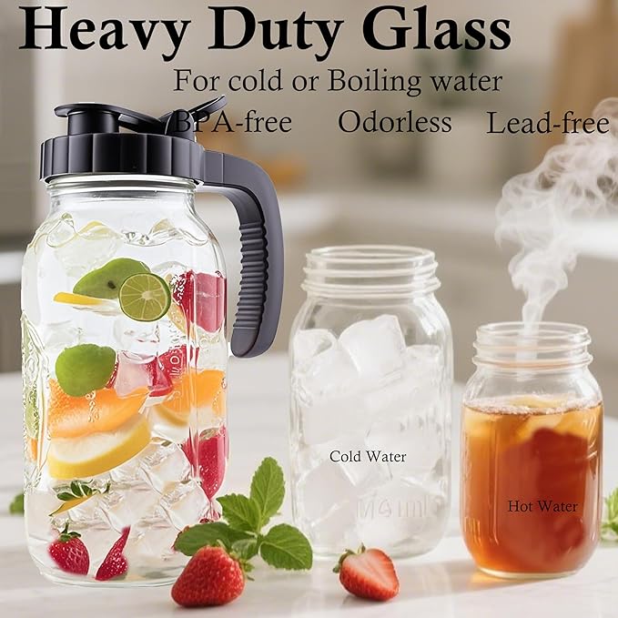 2 Quart Glass Mason Jar Pitcher With Lid 2 Set 64 Oz Wide Mouth Cold Hot Water Pitcher Half Gallon Sun Tea Coffee Jug Carafe For Fridge Lemonade, Beverage,Milk,Juice, Cold Brew Iced Tea Container