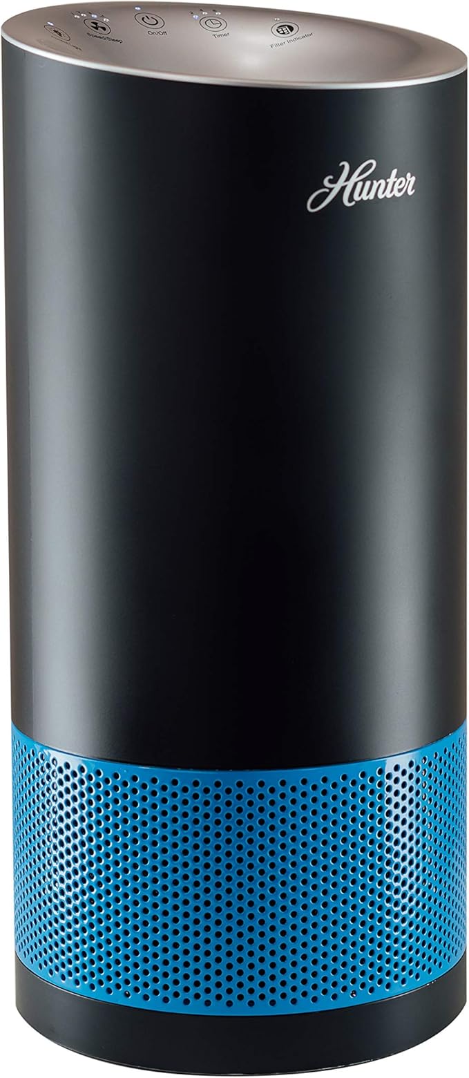 Hunter Fan Company HP400 Round Tower Air Purifier for Small Rooms, Featuring True HEPA Filtration and EcoSilver® Pre-Filter for Allergy and Asthma Relief, Black and Blue