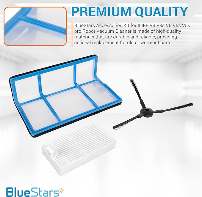 BlueStars Ultra-Durable Replacement Accessories Parts Kit For ILIFE V3 V3s V5s V5s pro Robot Vacuum Cleaner | 1 Primary Filter 3 HEPA Filters 6 Side Brushes