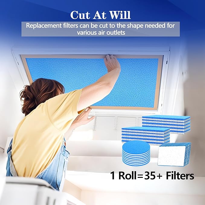 Air Vent Filters, 12"X90" Cut to Size Air Filter Material, MERV 8 Electrostatic Air Filter Roll, Blue & White Vent Filters for Home Floor, Rv Ac Vent, Ceiling, Refrigeration, HVAC Furnace Vent, Etc