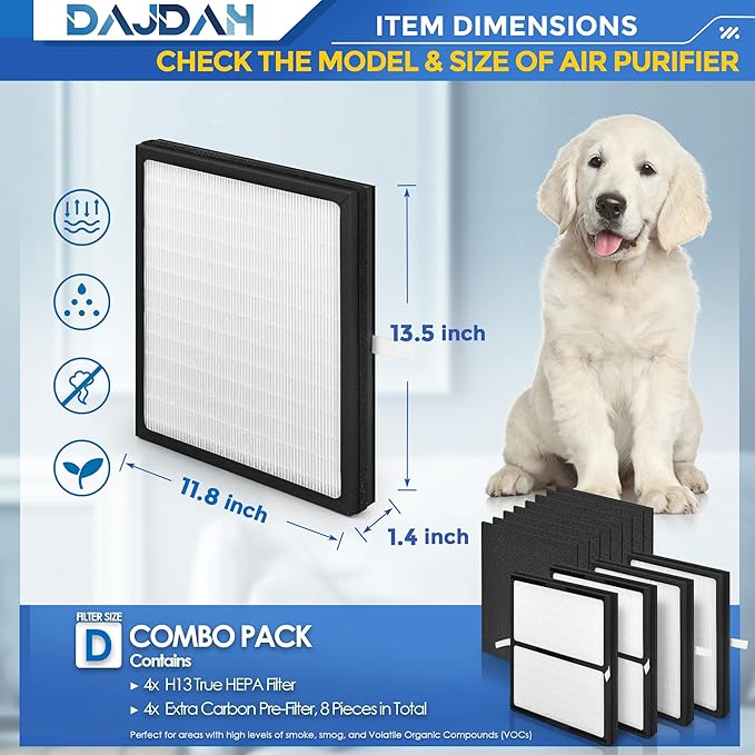 Idylis Air Purifier Replacement Filter IAF-H-100D for Idylis Air Purifier IAP-10-280 IAP10280 [C+D] AC-2118 [D+D] AC-2123 [D] with Idylis Air Purifier Filter D, 4 H13 HEPA Filter & 8 Carbon Pre-filter