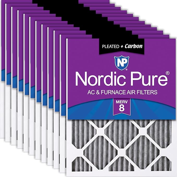 Nordic Pure 12x12x1 (11 3/4 x 11 3/4 x 3/4) Furnace Air Filters MERV 8 Pleated Plus Carbon 12 Pack