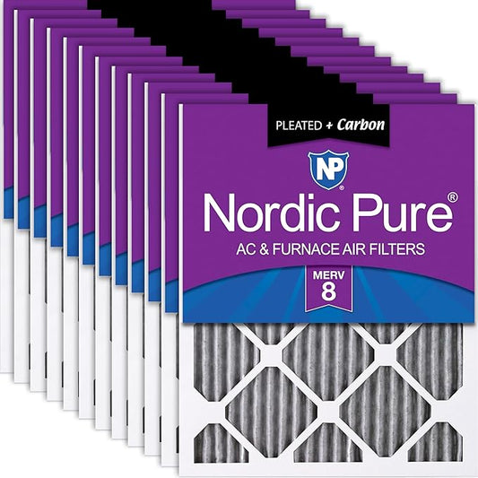 Nordic Pure 12x12x1 (11 3/4 x 11 3/4 x 3/4) Furnace Air Filters MERV 8 Pleated Plus Carbon 12 Pack