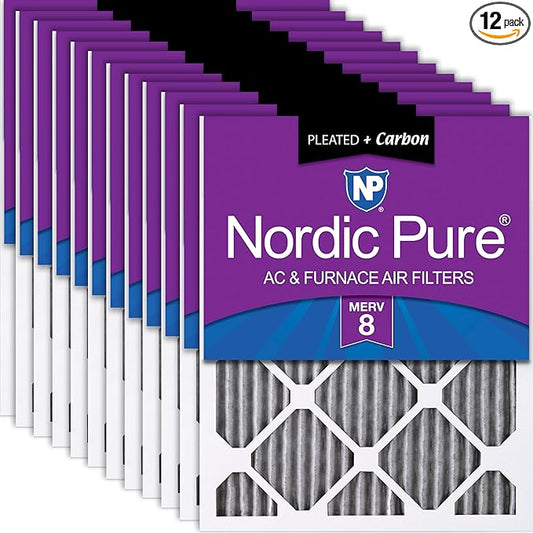 Nordic Pure 20x20x1 (19 1/2 x 19 1/2 x 3/4) Furnace Air Filters MERV 8 Pleated Plus Carbon 12 Pack