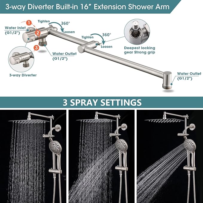 12" x 8" Rectangle High Pressure Rainfall Shower Head with Handheld Combo, 9 Setting Handheld Shower Head, Adjustable Height Shower Extension Arm and Slide Bar for Easy Reach - Brushed Nickel