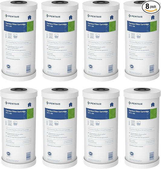 Pentair Pentek RFC-BB Big Blue Carbon Water Filter, 10-Inch, Whole House Heavy Duty Radial Flow Carbon Replacement Cartridge with Granular Activated (GAC), 10" x 4.5", 25 Micron, Pack of 8