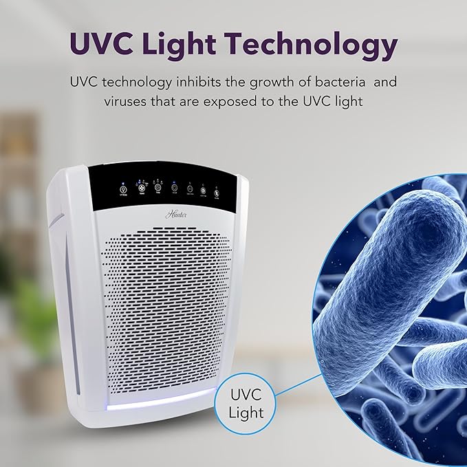 Hunter HP850 Air Purifiers for Home Large Room and Bedroom. True HEPA Air Purifier for Pets, Odors, Allergens, Smoke, Dust. UV Value Bundle w/Extra Filter, Cleans 2585 Ft² per hour. White
