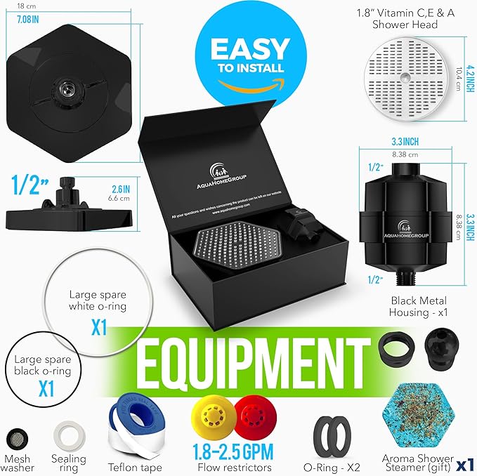 AquaHomeGroup Luxury Filtered Shower Head Set - 20 Stage Shower Filter for Hard Water, Chlorine, Fluoride, Heavy Metals - Water Filter Shower Head with Vitamin C E A Patent Pending (Black)