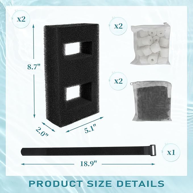 Aquarium Filter Replacement Set for Fluval SPEC, EVO and Flex Series, Three Stage Filtration Includes 2 Foam Filter, 2 Carbon Filter Refills, 2 Ceramic Rings & 1 Filter Cord