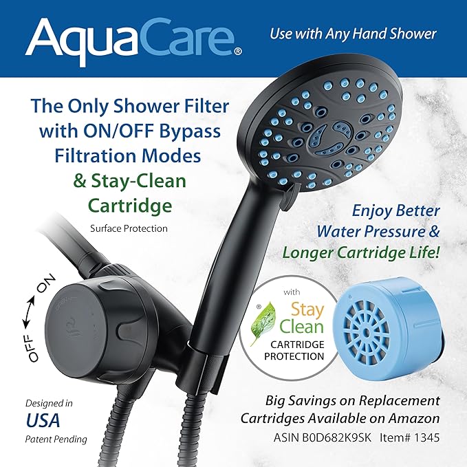 Skin & Hair by AquaCare - World's Most Advanced Shower Filter for Hand Showers with ON/OFF Filtration Modes,Instant Cartridge Reload,Built-in Bracket & Stay-Clean Enriched KDF Cartridge/Matte Black